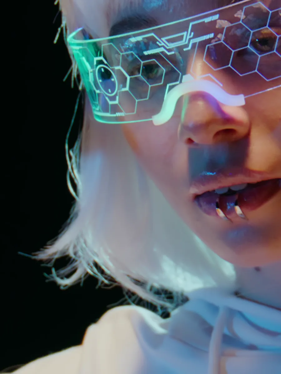 A person wearing futuristic augmented reality glasses